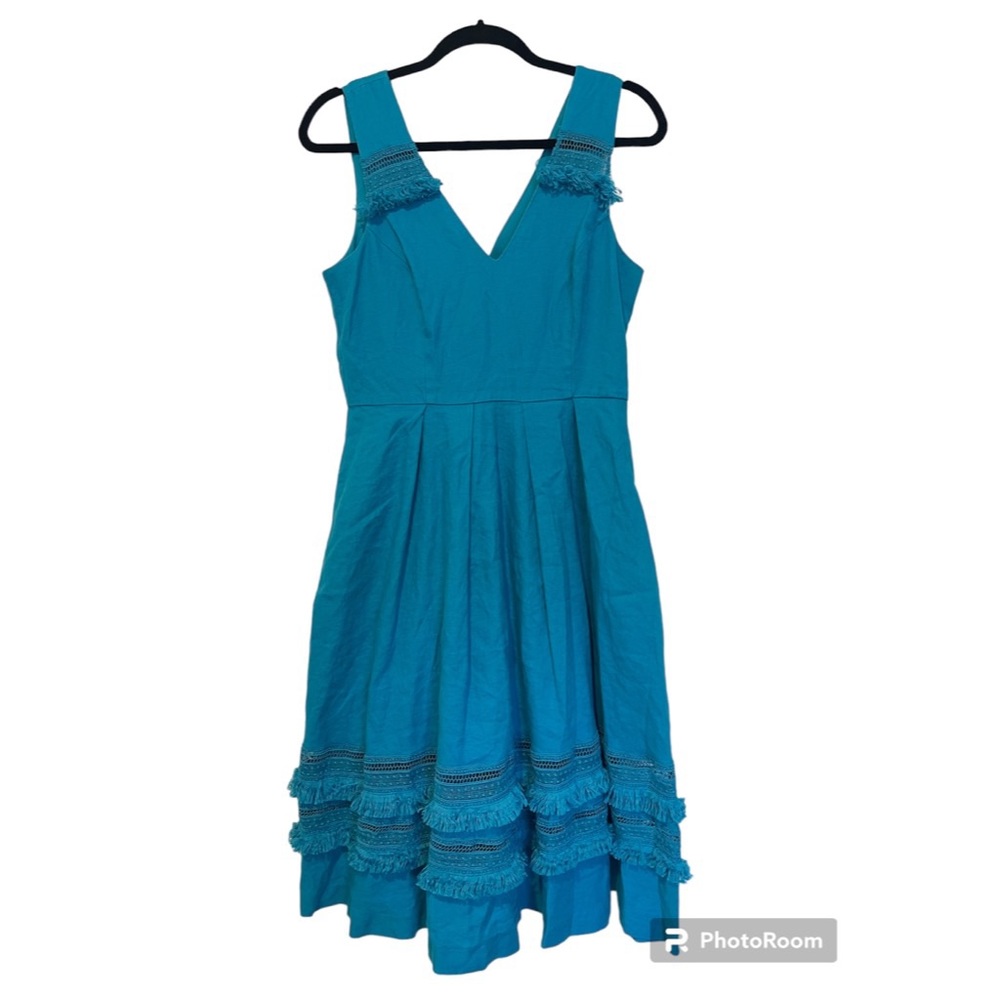 Belle Badgley Mischka Blue A lIne Linen Fringe Dress